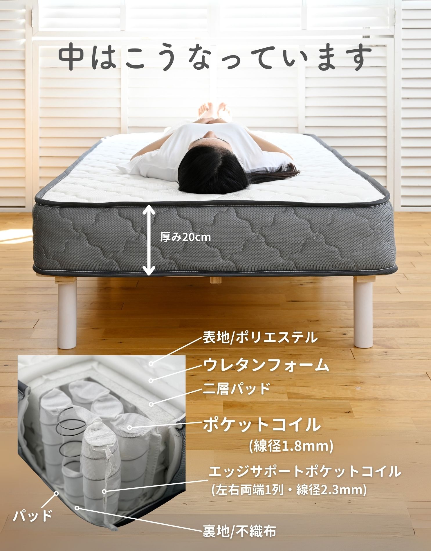 楽天市場】マットレス ポケットコイル 厚み20cm シングル/セミダブル
