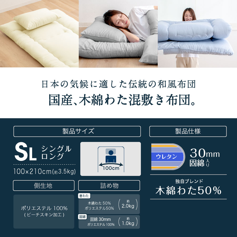 楽天市場】日本製 職人の木綿わた敷布団 シングル ロング (ナチュラ