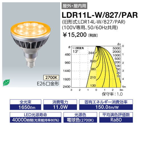 楽天市場】岩崎 LDR11L-W/827/PAR LEDアイランプ ビーム電球形 150W