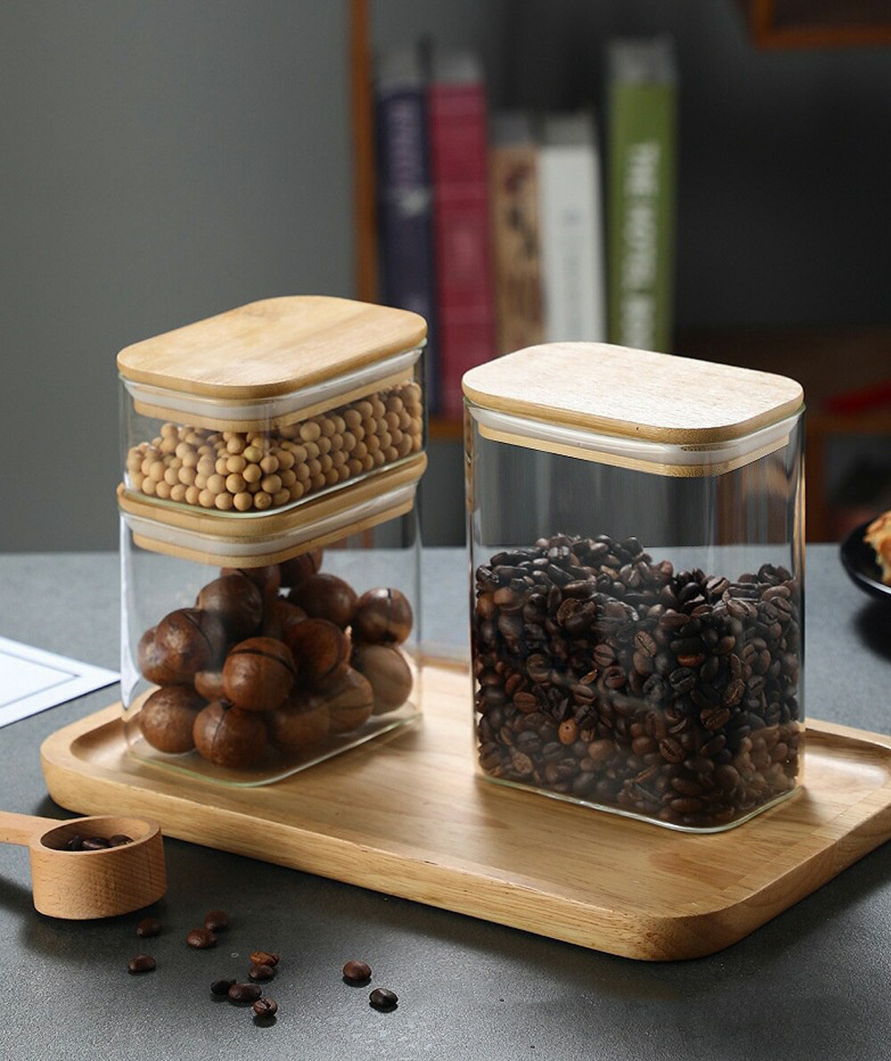 楽天市場】Square Glass Canister 竹製蓋付 ガラス キャニスター 新品