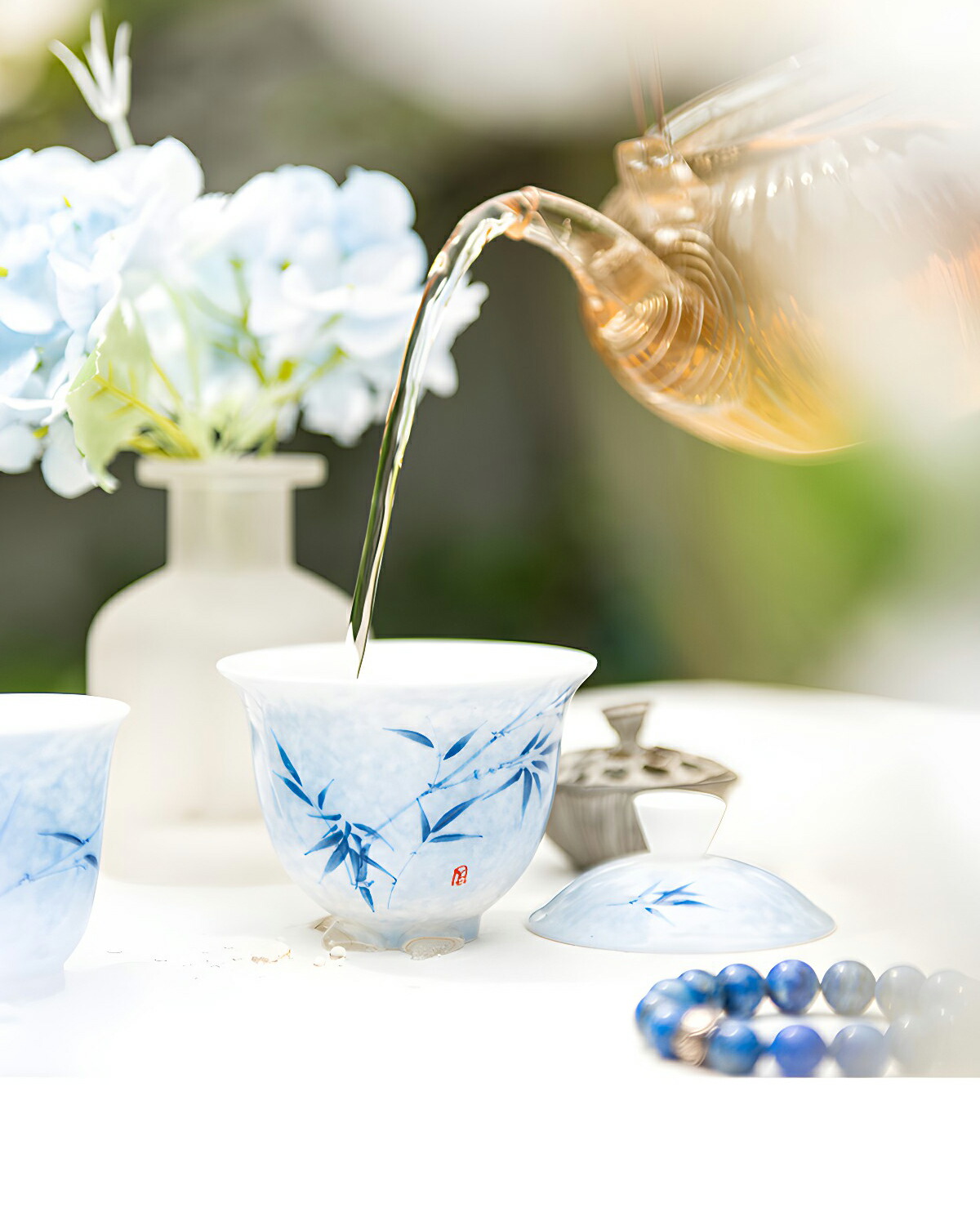 楽天市場】IwaiLoft 手描きの青と白の竹 蓋碗 120ml 三才碗 宝瓶 煎茶