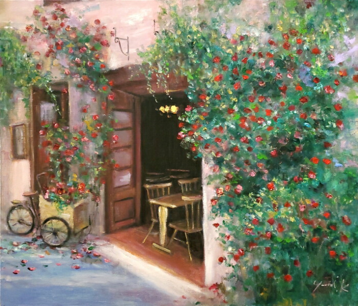 楽天市場】絵画 「蔓薔薇の咲くカフェ」 油彩画 油絵 原画 風景画 F10