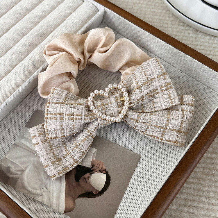 楽天市場】シュシュ ヘアゴム 全3色 ツイード風 ハート リボン パール