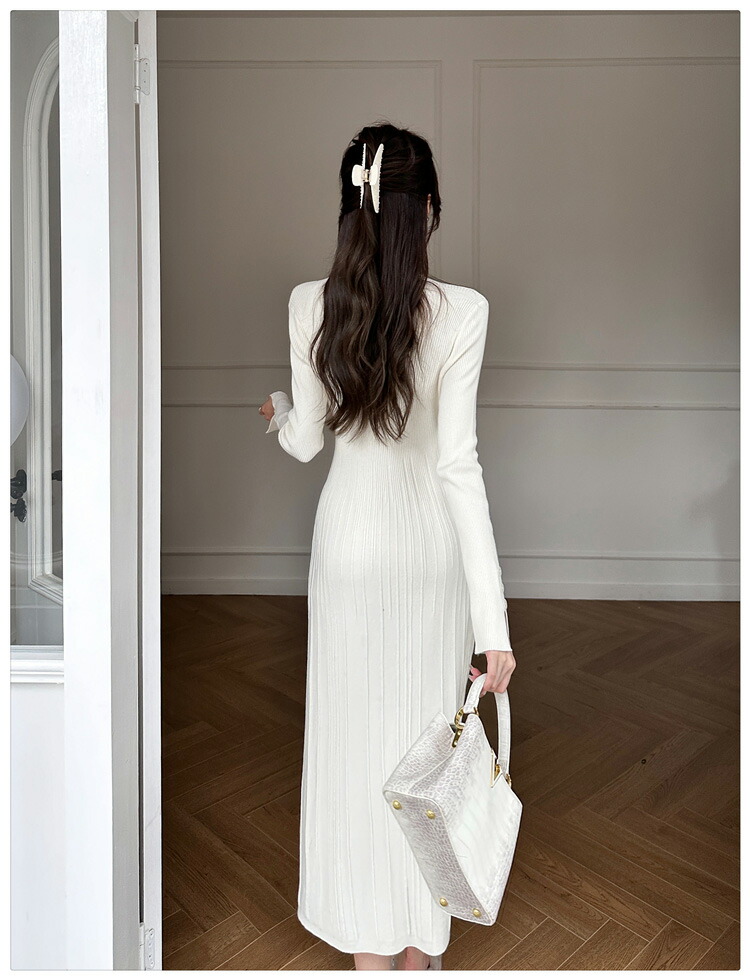 楽天市場】ニットワンピース ロング丈 全4色 袖ボタン プリーツ風 A