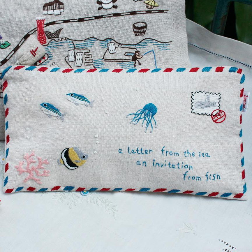 楽天市場】手刺繍ポーチ ファスナーフラットポーチ エアメール 海から
