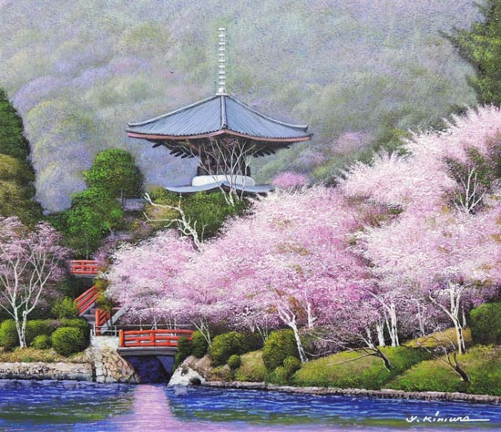 yue 「桜と寺」 手描き 油絵 風景画 原画 油彩画 印象派 yue 「桜と寺