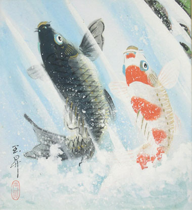 楽天市場】絵画（色紙額） 夫婦滝昇り鯉 （松橋玉昇） 送料無料 【肉筆
