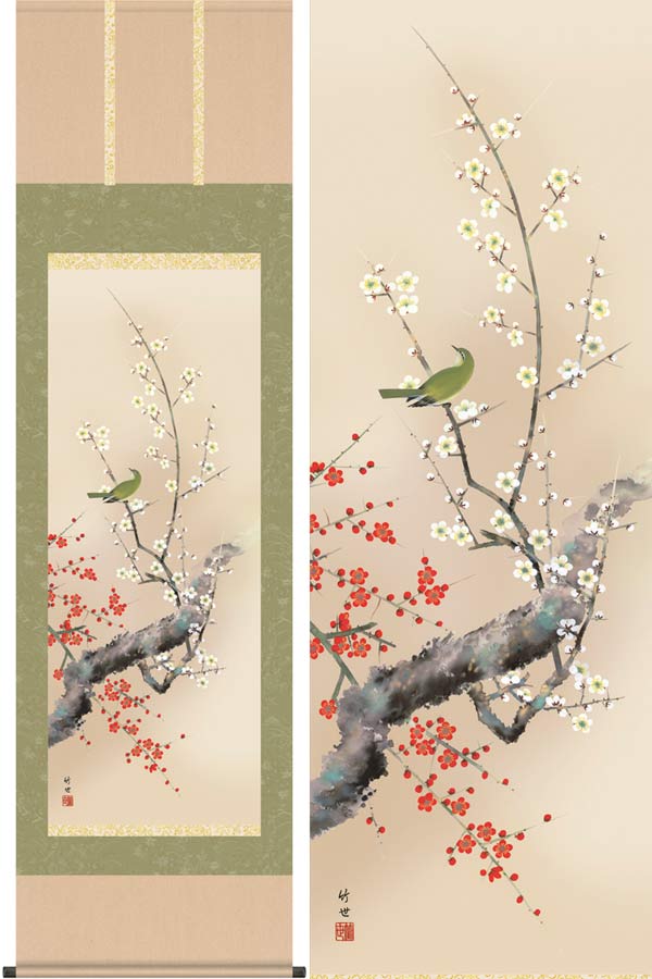 楽天市場】掛け軸 紅白梅に鶯 (田村竹世) 送料無料 掛軸 : 掛け軸