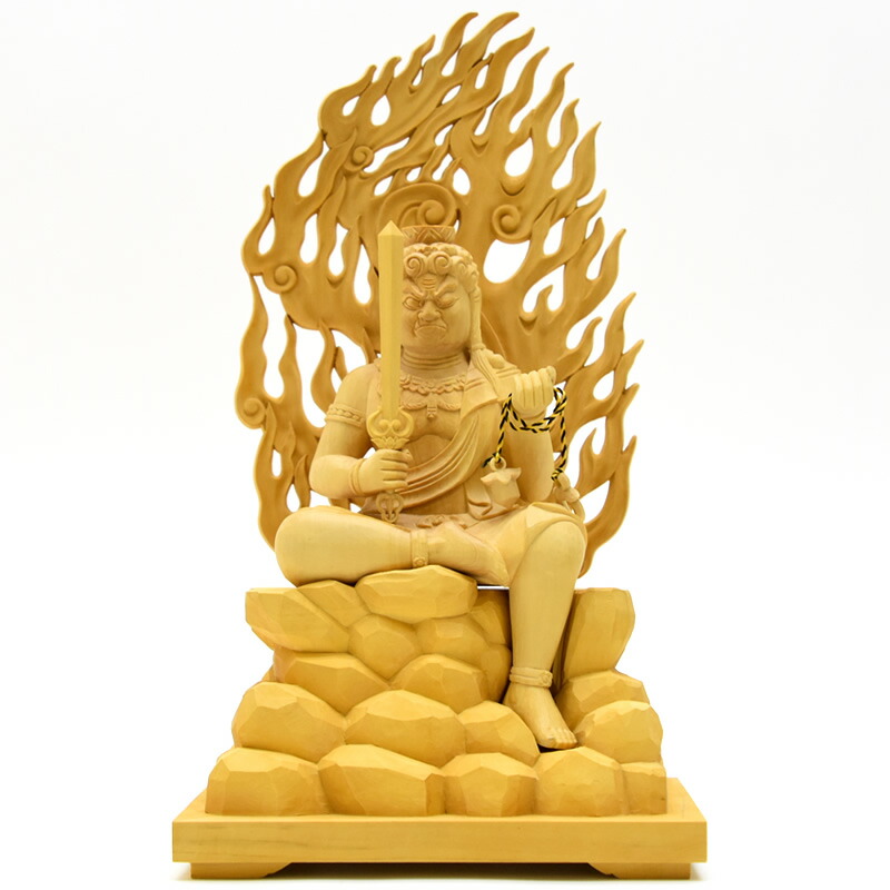 楽天市場】木彫り仏像 【不動明王半跏像】 火炎光背岩台 柘植 坐3.5寸