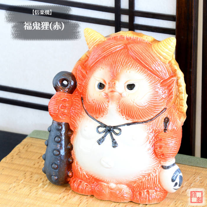 楽天市場】信楽焼 陶器 たぬき 福鬼狸 (赤) 8号 オニ 金棒 疫病退散 魔