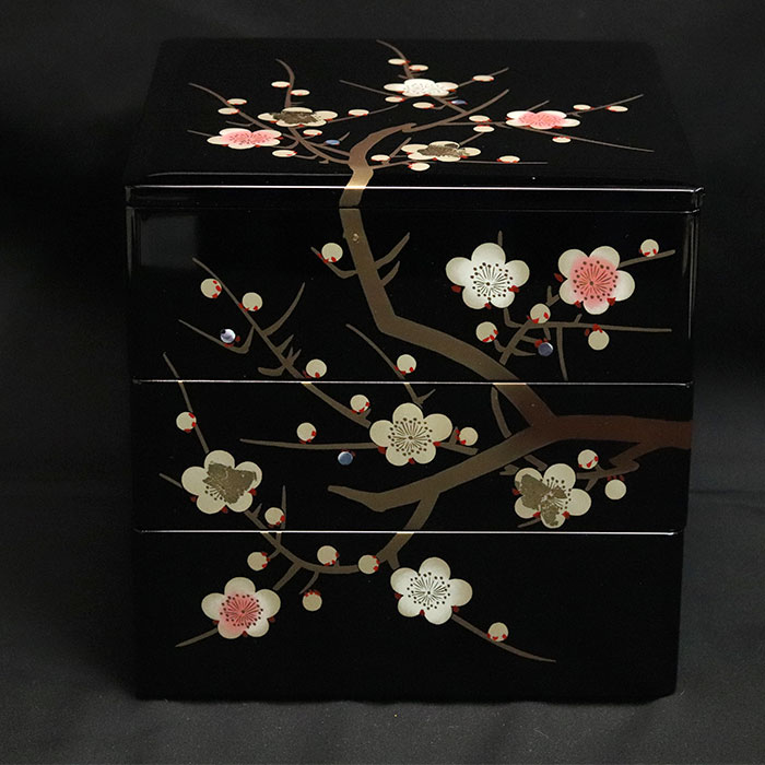 楽天市場】重箱 3段 日本製 国産 会津漆器 黒 6.5 三段重 枝梅 隅丸