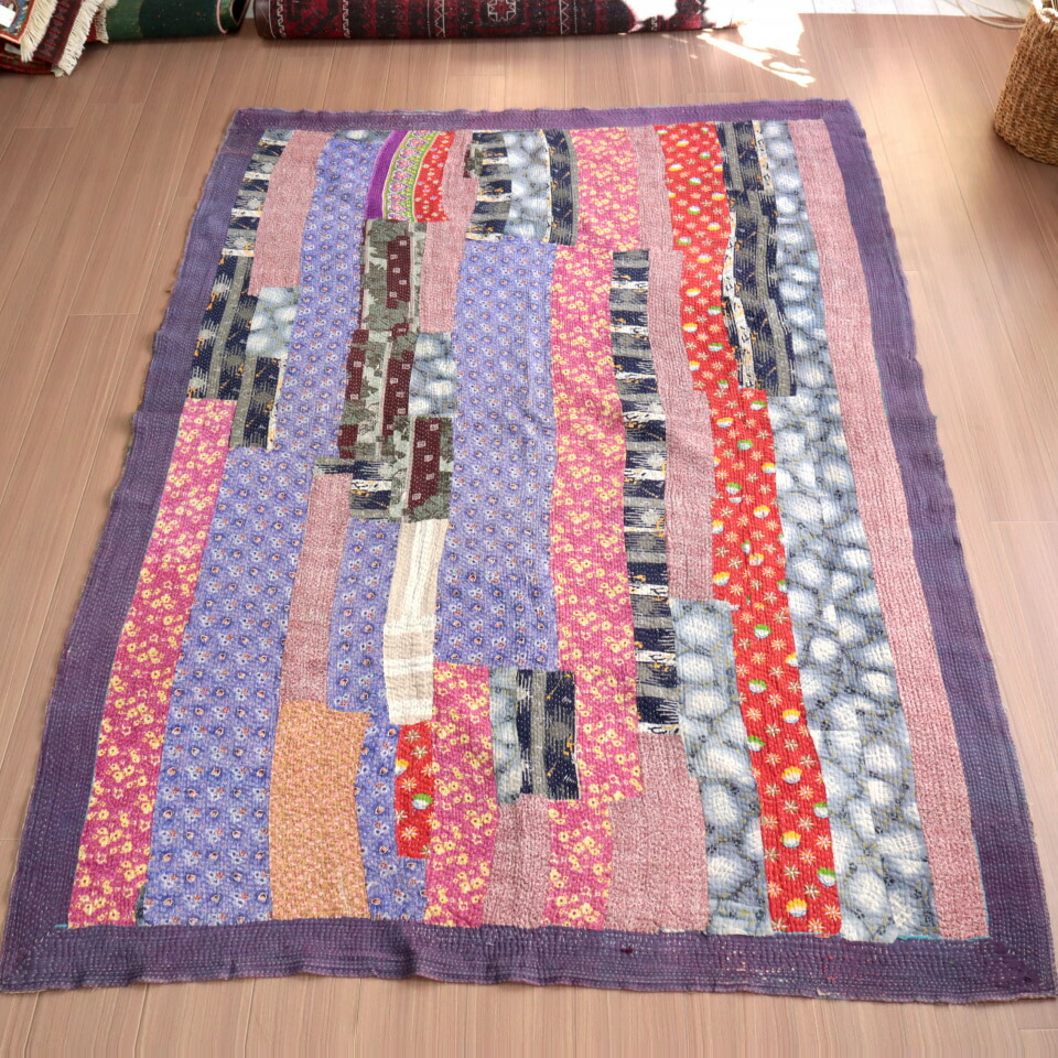 楽天市場】カンタ刺繍 ラリーキルト インドの古布210×152cmパープル系