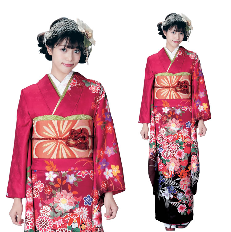 楽天市場】振袖3点セット 渋赤ピンク地桔梗と菊 振袖 袋帯 長襦袢