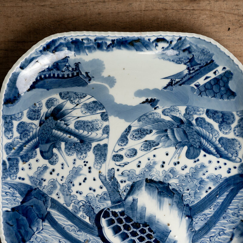 楽天市場】骨董○古伊万里染付鶴亀文四角皿○W36.5cm大型皿 | 江戸後期