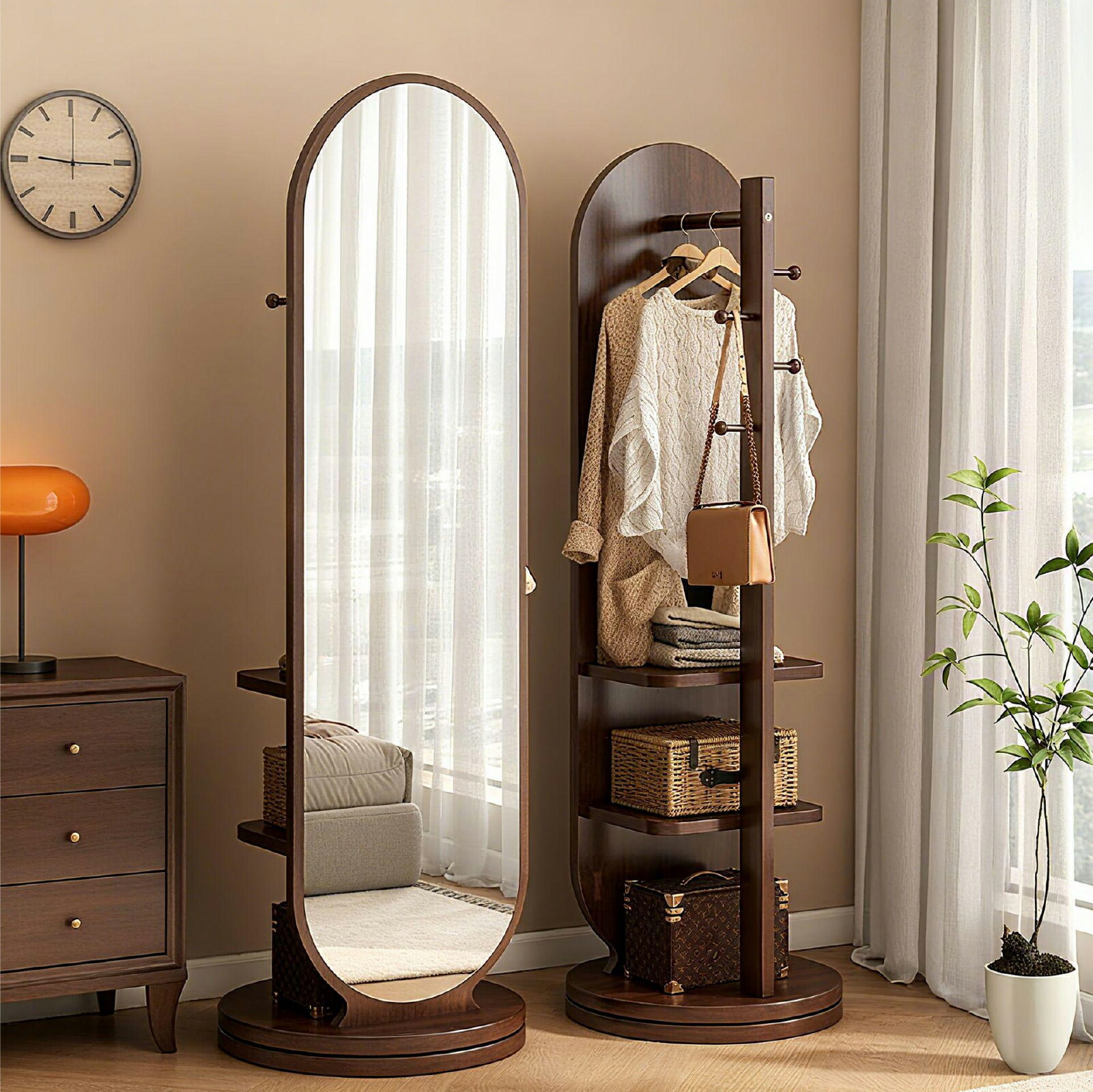 楽天市場】全身鏡 回転式 姿見鏡 大型 スタンドミラー 無垢材 収納 360