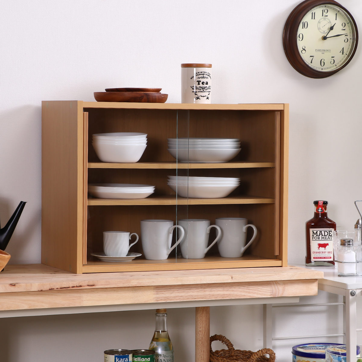 楽天市場】ミニ食器棚 幅60cm 3段 カップボード ガラス引き戸 （ 食器