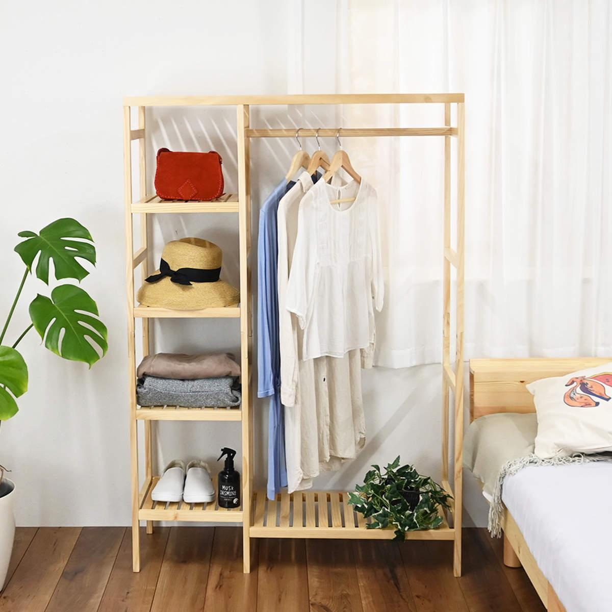 楽天市場】ハンガーラック 4段棚付 天然木フレーム 約幅97cm