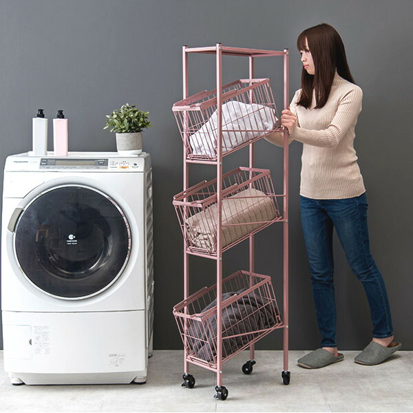 楽天市場】ランドリーワゴン 3段 スリム 幅28cm 棚付きバスケット