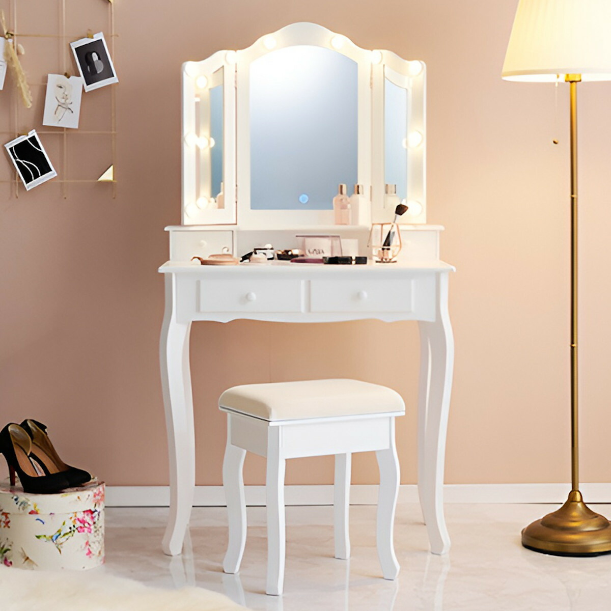楽天市場】ドレッサー スツール付き 幅75cm ライト （ 調光 LEDライト