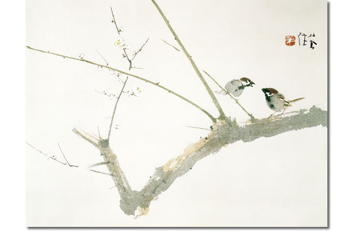 掛け軸、梅と鶏の掛け軸、雄雌の鶏と梅、桜、大きな掛け軸