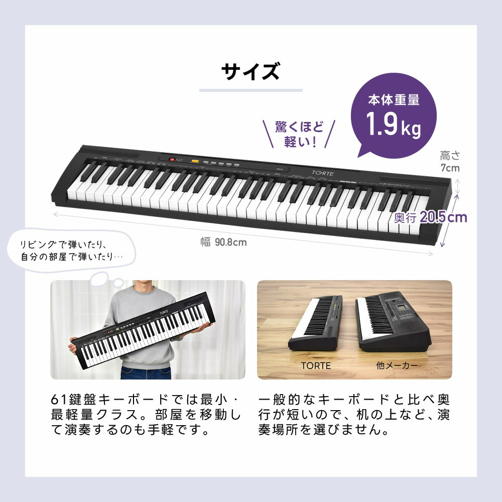 楽天市場】キーボード ピアノ スリム 超軽量 薄型 61鍵盤 TORTE TSDK