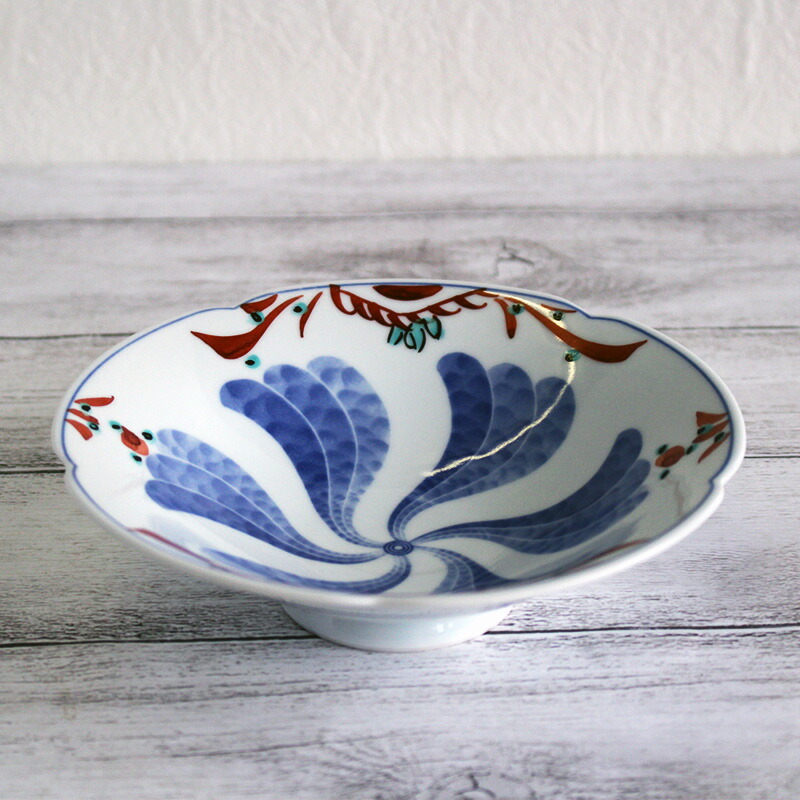 楽天市場】【アウトレット】呉須赤絵 染付 花型 高台 平鉢 14.2cm