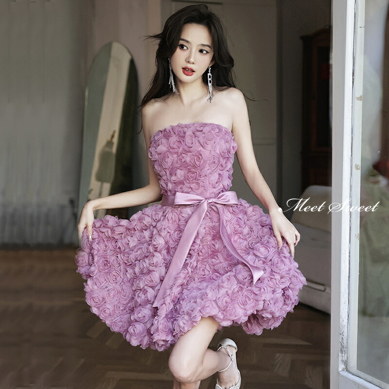 楽天市場】カラードレス ミニドレス フラワー ビスチェ ピンク