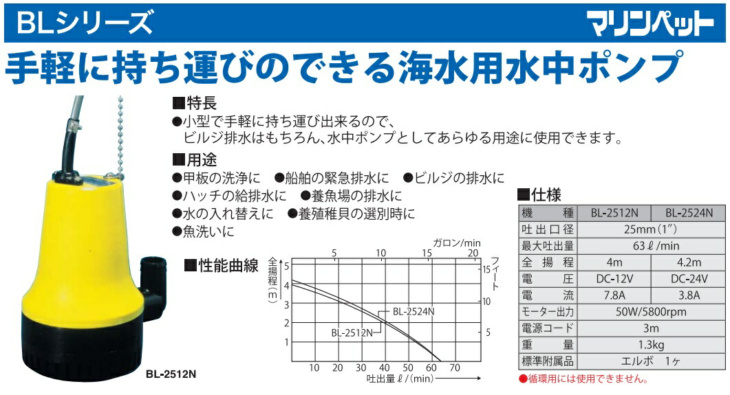 楽天市場】工進 水中ポンプ 小型 12V 海水用 排水ポンプ BL2512N