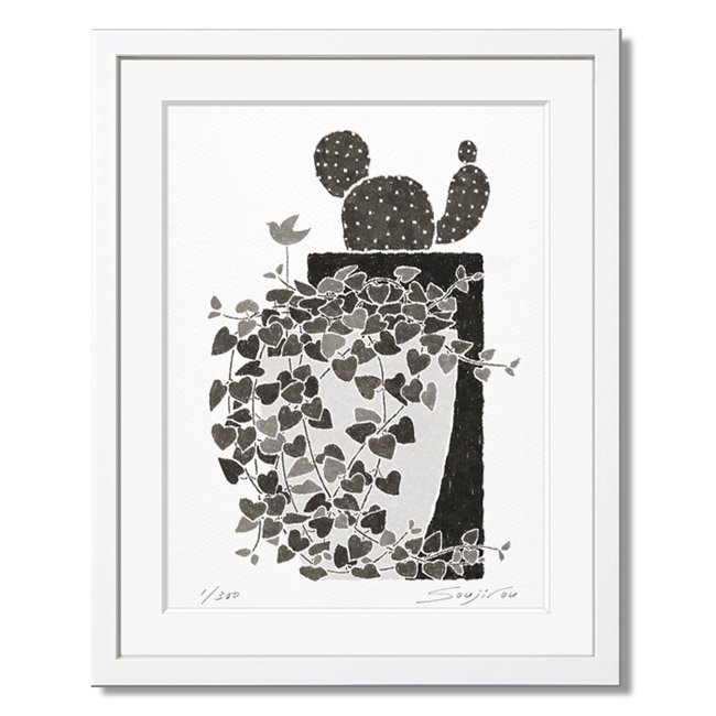 楽天市場】絵画 モノクロ 植物画 ハートカズラとサボテン 白フレーム