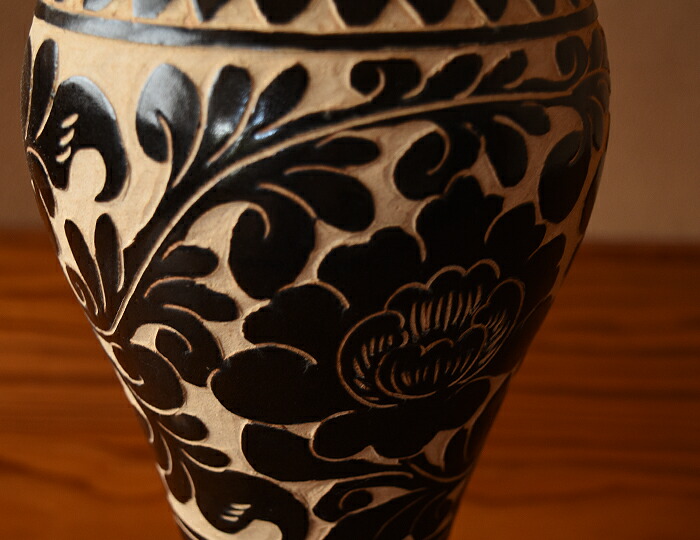 楽天市場】宋代ふう 磁州窯 壺、花瓶 黒釉纏枝紋 梅瓶/骨董 : つばきや