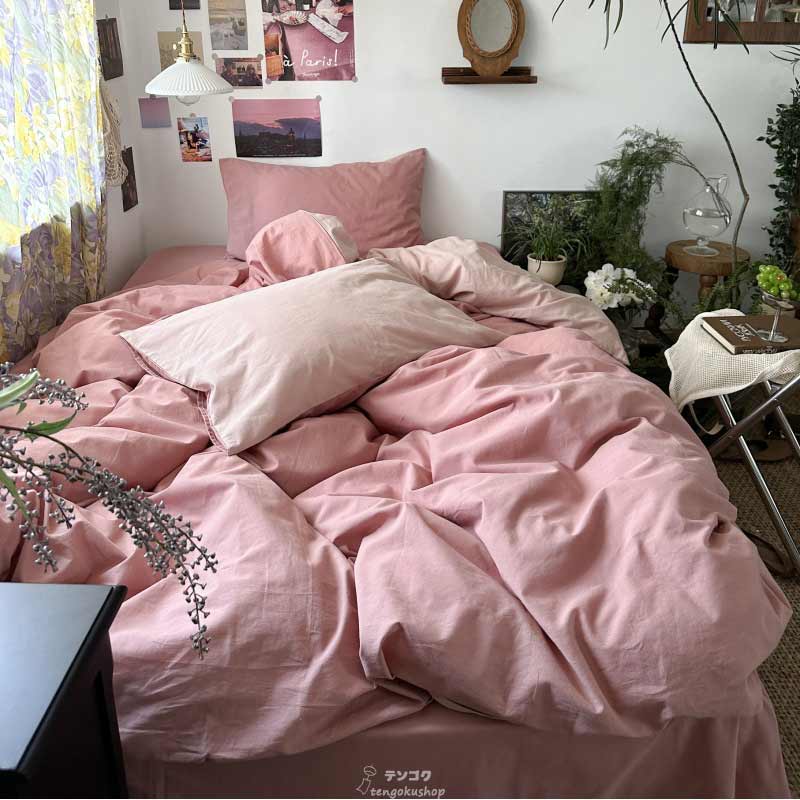 楽天市場】布団カバーセット ピンク 韓国風 無地 コットン100% 姫系