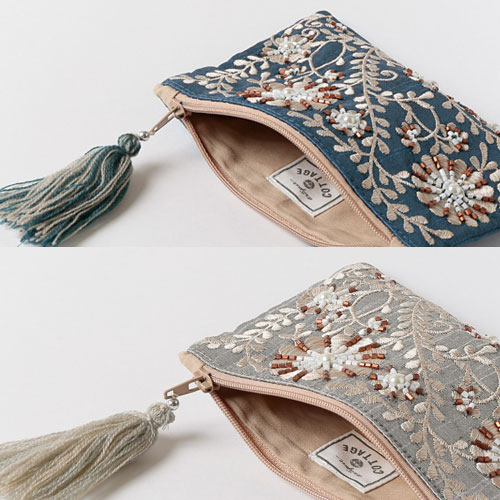 楽天市場】ビーズ 刺繍 ミニ フラットポーチ ≪ブルー≫ エンブロイ