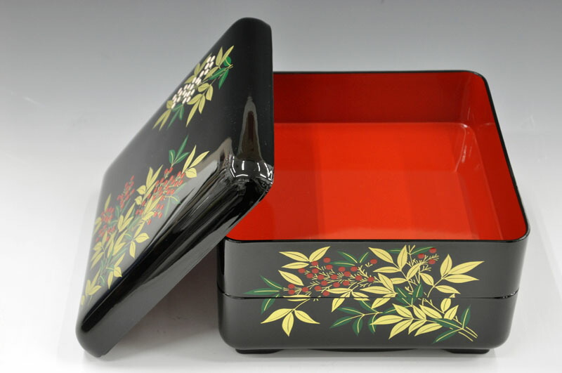 楽天市場】厄払い南天重箱黒内朱 6.5 二段重 南天[会津漆器][厄除け