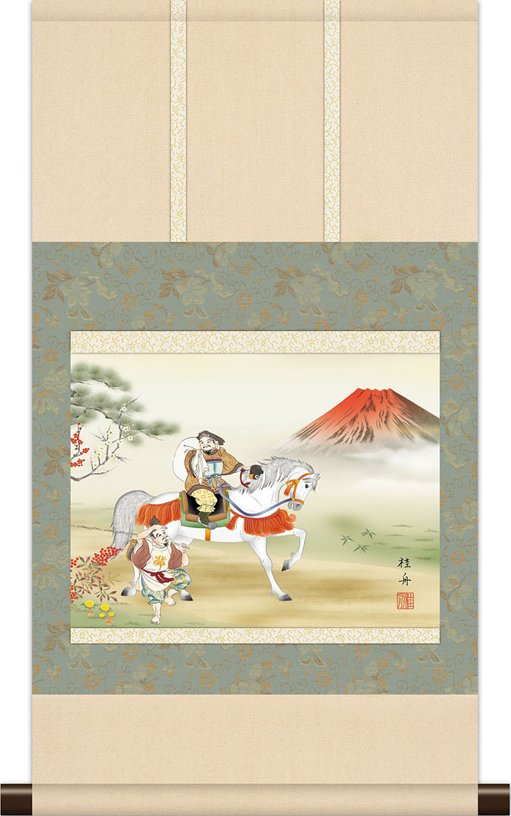 楽天市場】掛軸 干支の掛け軸 本格ミニ掛軸 白馬紅峰福神図 長江桂舟