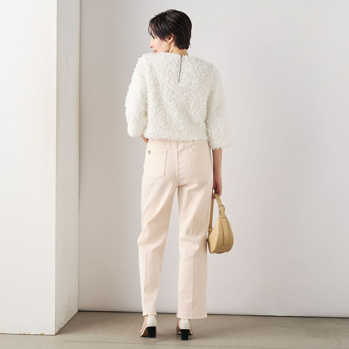 ブラウス シャツ リボンニットツイードショートプルオーバーブラウス