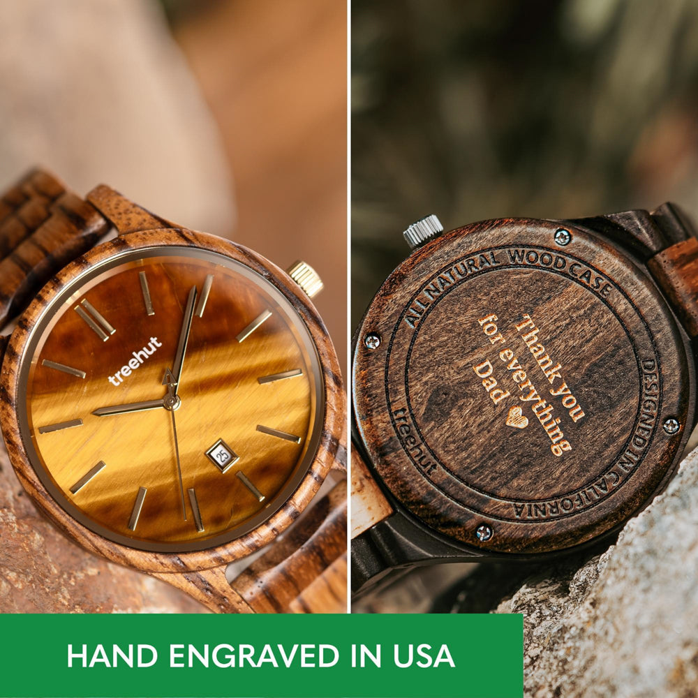 Engraved Wooden Watches – Sierra Zebrawood Tiger Eye | Treehut