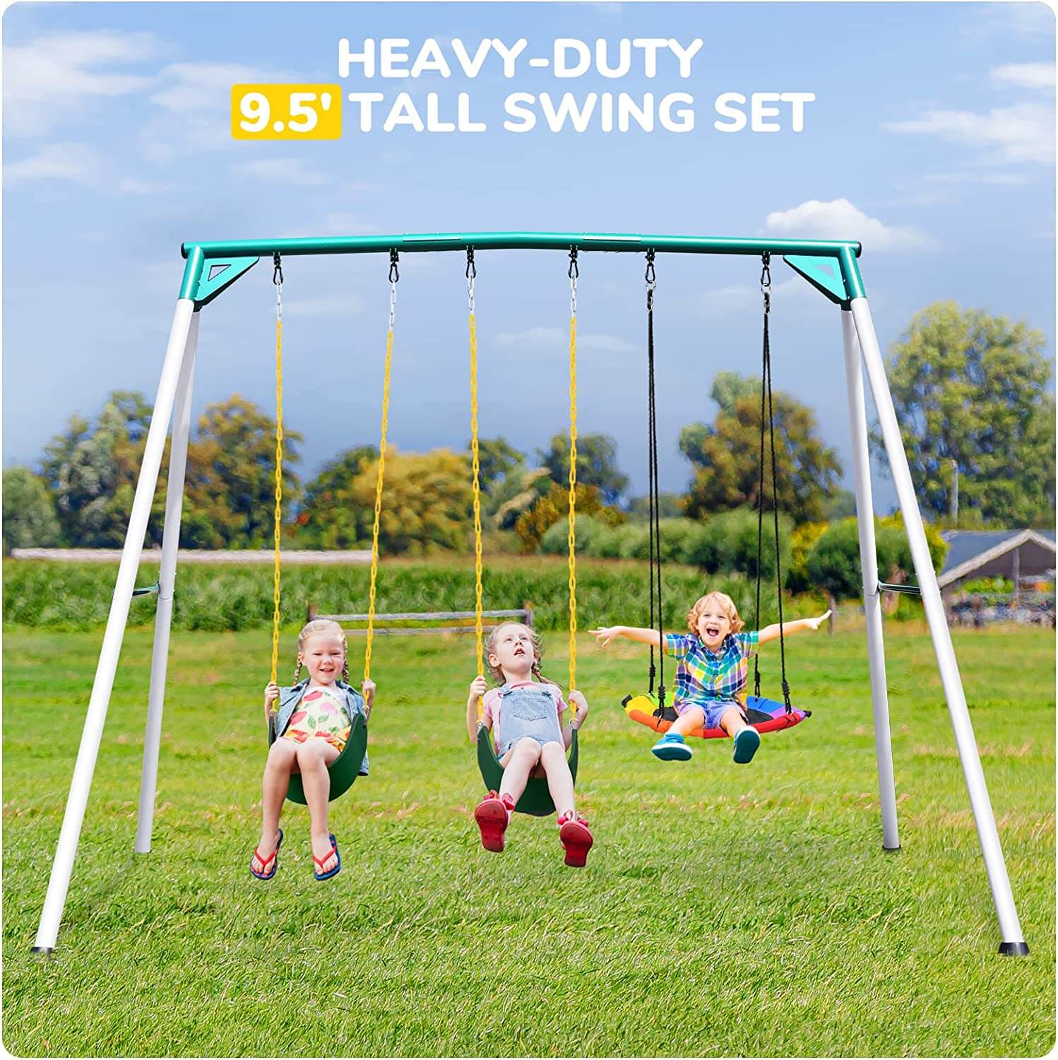 Heavy Duty Swing Sets for Backyard with Saucer Swing, 2 Belt