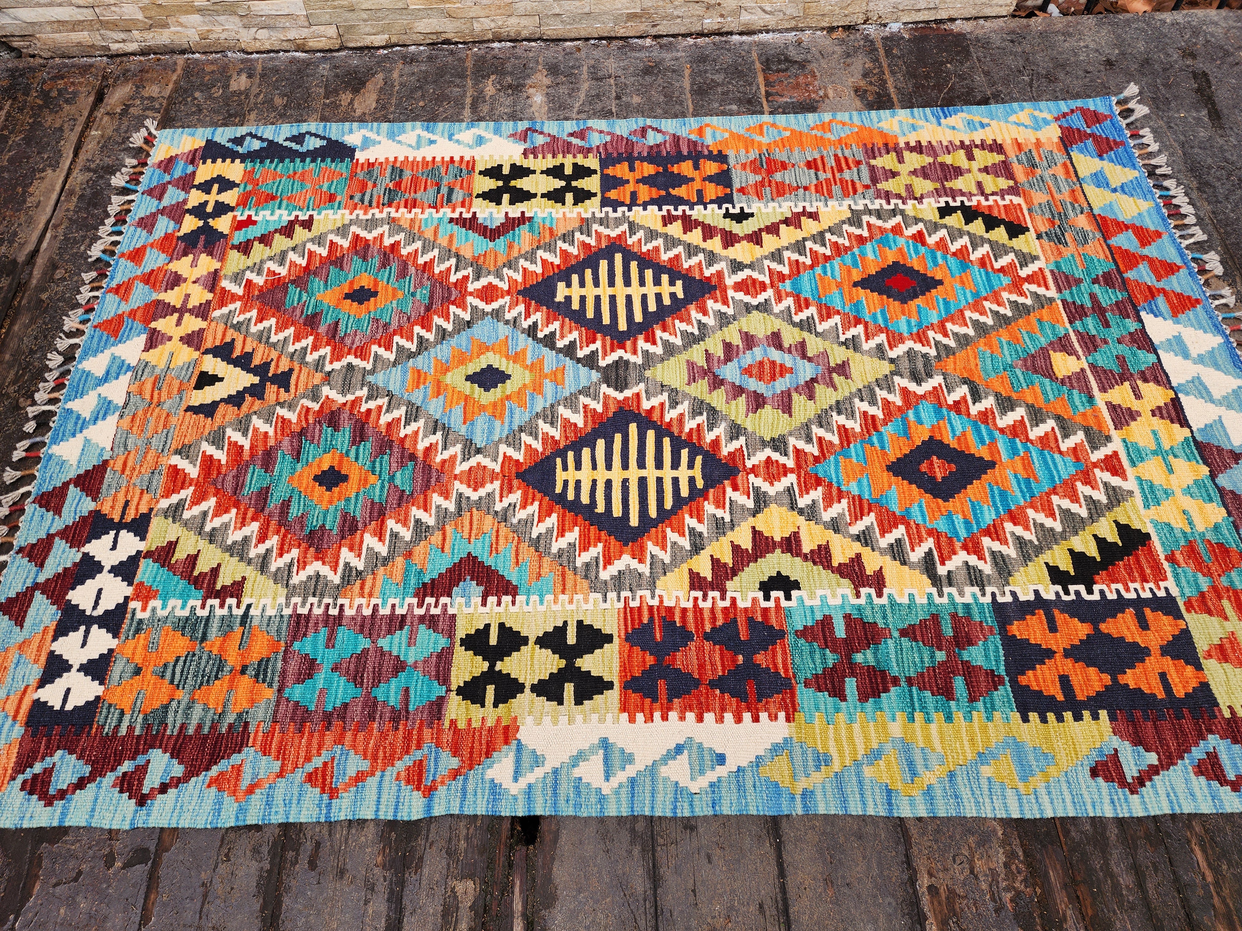 Kilim Rug, 4x6 ft Blue Red, Orange Turkish Carpet Moroccan Rug,