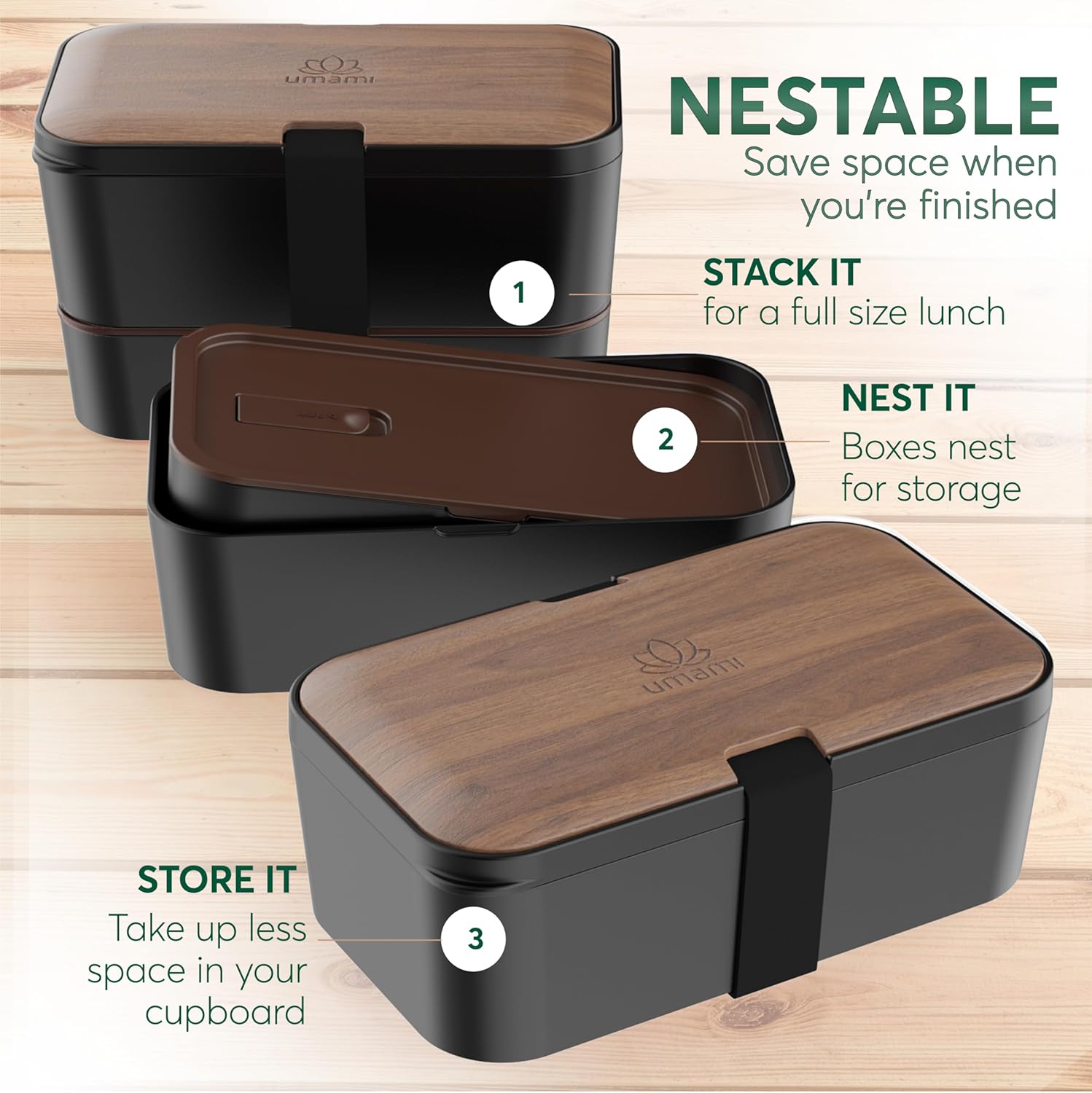 Premium Nestable Bento Box Walnut Black (51 oz) – Umami Bentos