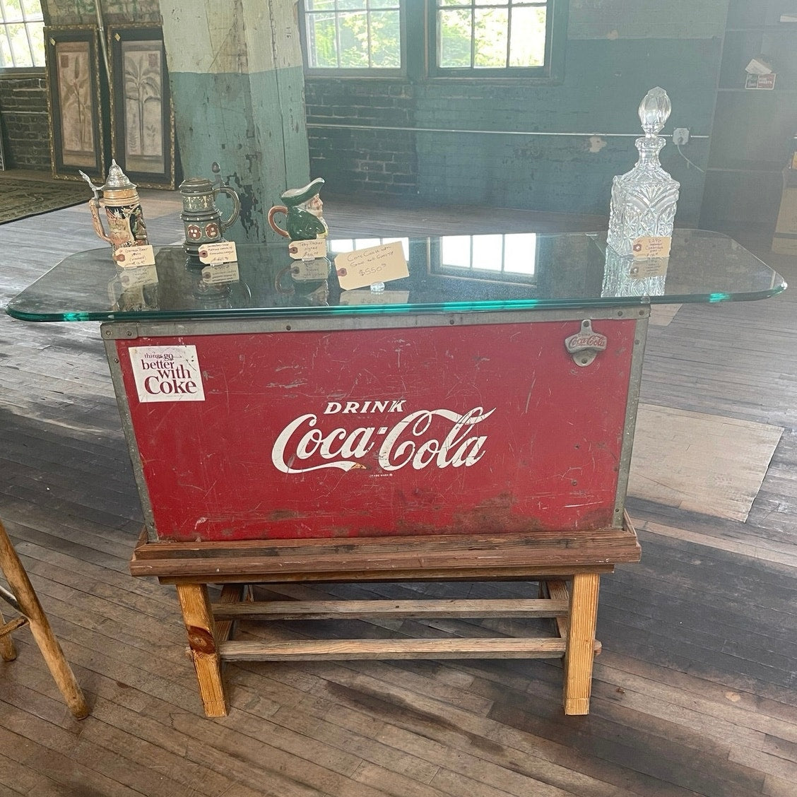 Upcycled Bar/ Table Vintage Coca Cola Cooler with Wooden Stand and