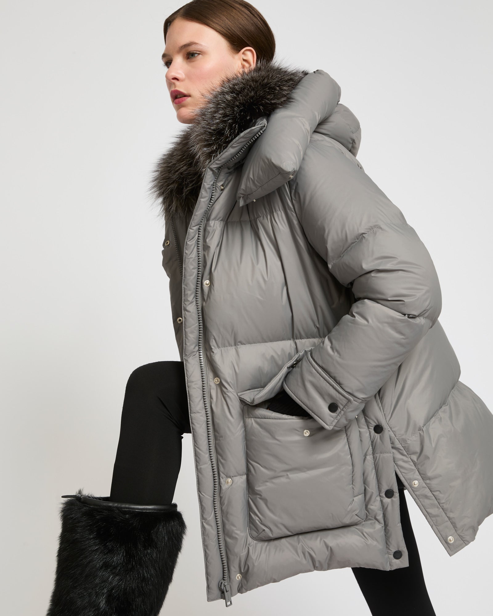 down jacket with fox fur collar trim - grey - Winter sale – Yves