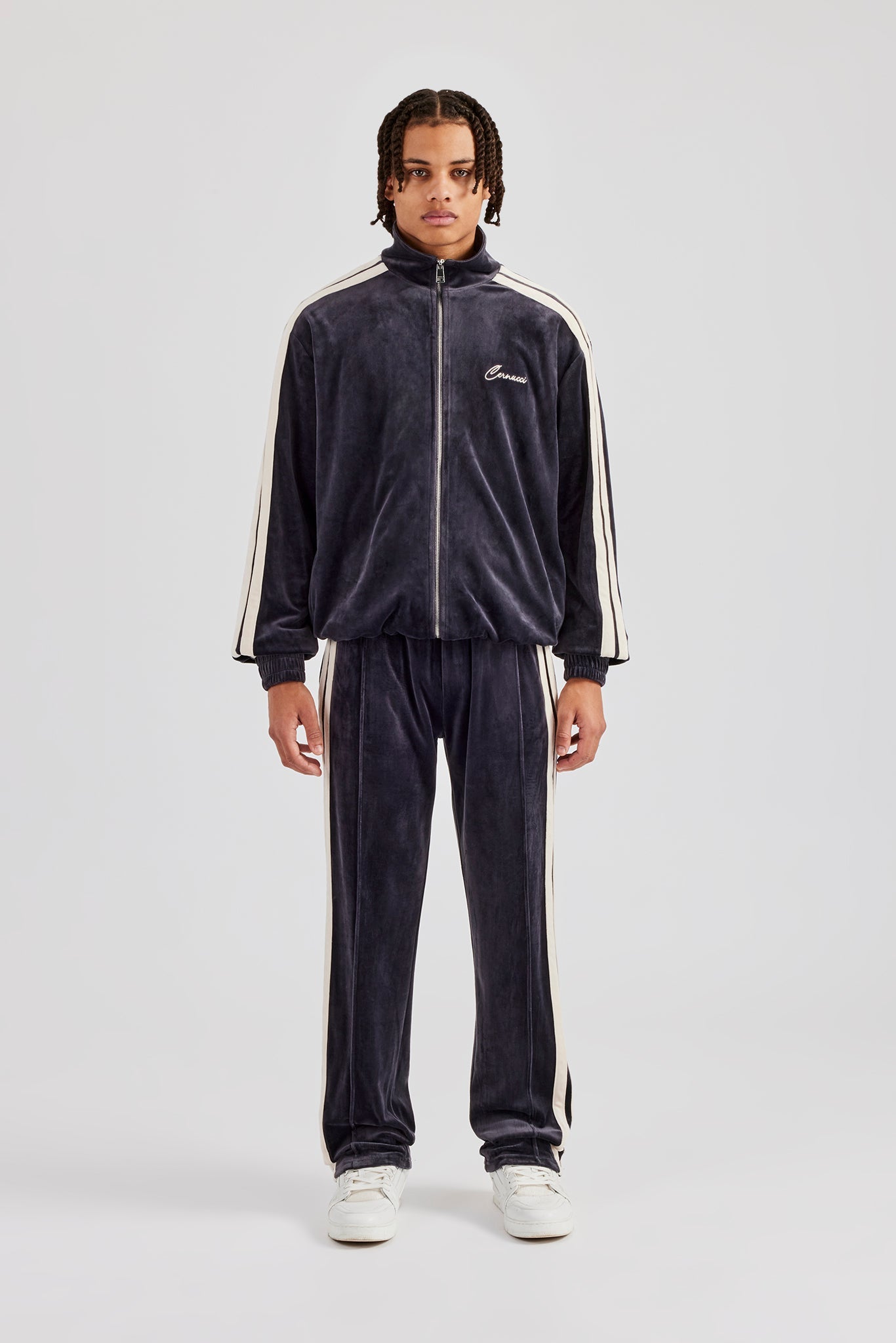 Zip Through Taping Velour Tracksuit - Charcoal | Mens Sets | Shop