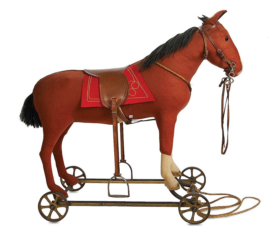 German Brown Woolen Riding Horse on Metal Wheels by Steiff