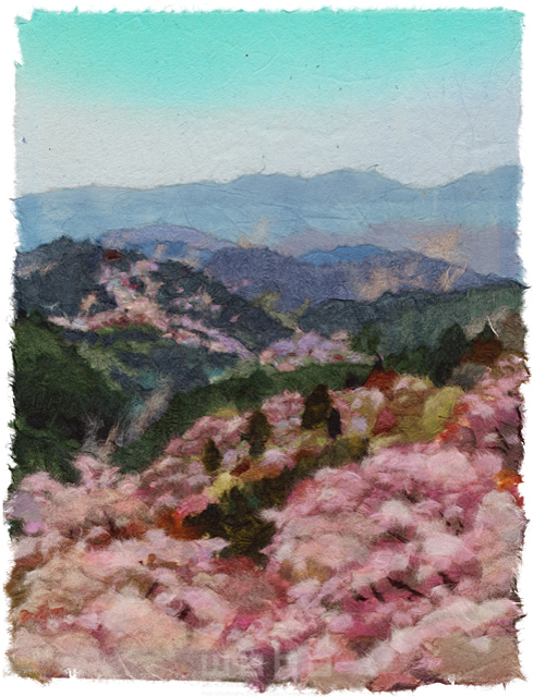 奈良県、吉野、千本桜、ちぎり絵、切り絵、和紙、風景画、自然、景色