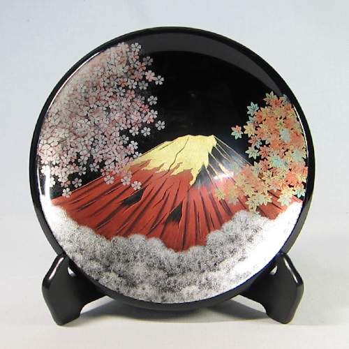 No.132-2 漆器 丸盆 輪島塗 朱塗り飛び花沈金