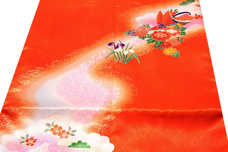 御所車におしどり柄 金彩加工 豪華な 女児三才 三ッ身 七五三 着物