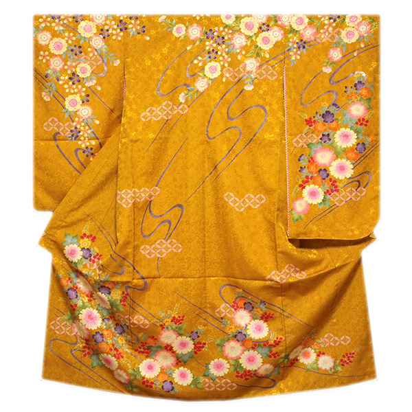 古典柄」 吉祥文様 草花模様 黄土色 煌びやかな金彩加工 地模様入り