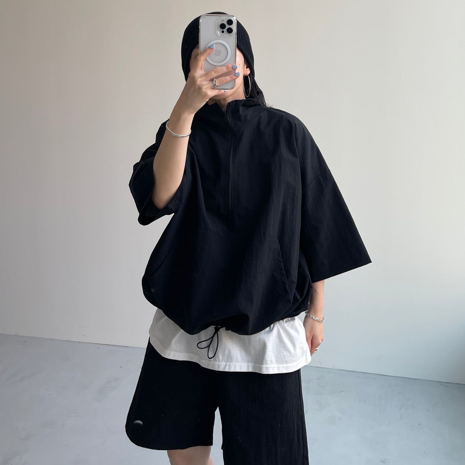 over size half zip nylon po / black | wee9s | ウィークス