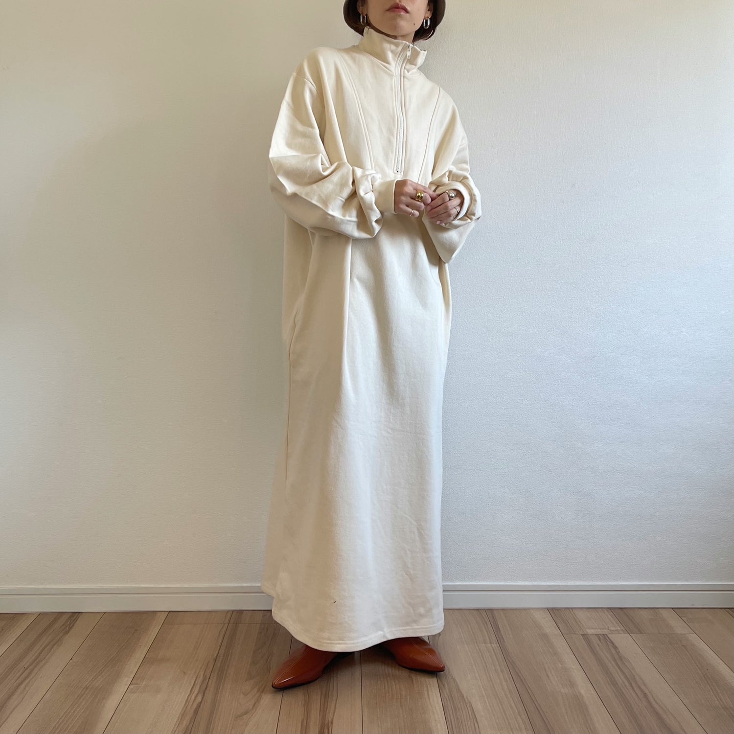 high neck half zip up sweat one piece / ivory [3size] （ハイネック