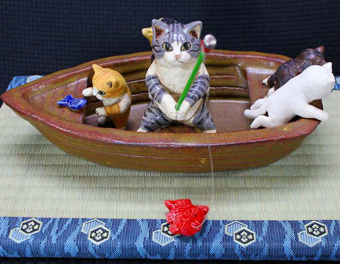 猫の釣り舟 すみ田理恵 作 招き猫 陶猫 猫 焼き物